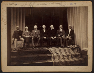 Group portrait of seven men, seated, facing front, on the porch, Roseland Cottage, Woodstock, Connecticut, 1892