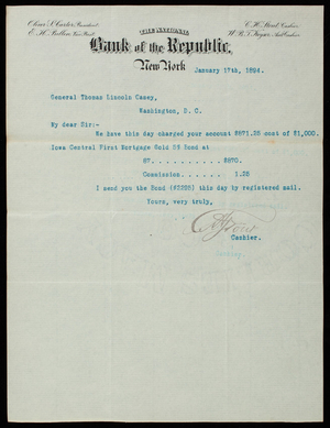 Charles H. Stout/National Bank of the Republic to Thomas Lincoln Casey, January 17, 1894