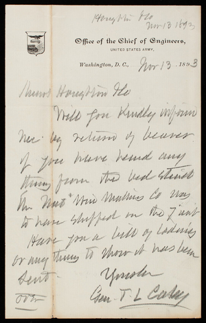 Thomas Lincoln Casey to Houghton, November 13, 1893