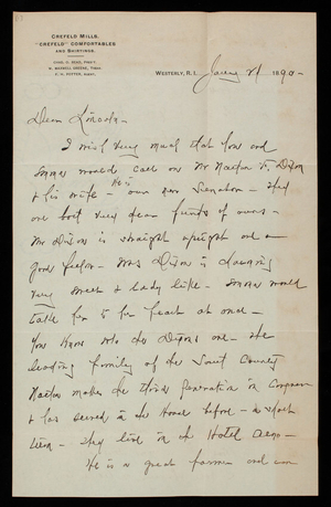 W. Maxwell Greene to Thomas Lincoln Casey, January 2, 1890