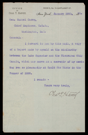 Charles T. Harvey to Thomas Lincoln Casey, January 28, 1891