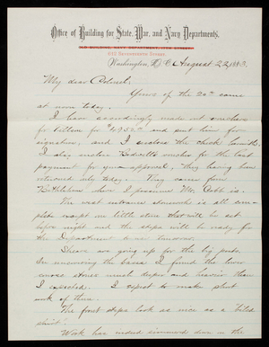 Bernard R. Green to Thomas Lincoln Casey, August 22, 1883