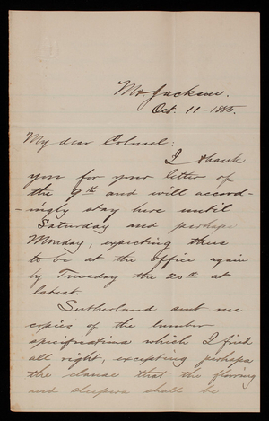 Bernard R. Green to Thomas Lincoln Casey, October 11,1885