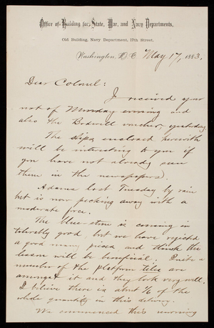 Bernard R. Green to Thomas Lincoln Casey, May 17, 1883