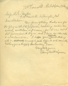 Letter from Benjamin Smith Lyman to Miss M. E. Taylor