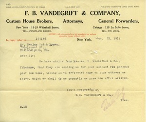 Letter from F. B. Vandegrift and Company to Benjamin Smith Lyman