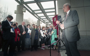 Dedication ceremonies for the Conte Polymer Center: John Olver addressing the crowd (view toward the crowd)