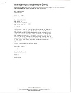 Letter from Mark H. McCormack to Itzhak Perlman