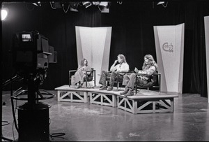 Commune members at the WGBY Catch 44 (public access television) interview: Anne Baker, Jim Baker, and Bruce Geisler on stage