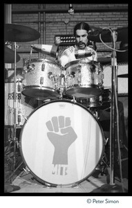 Mickey Hart (Grateful Dead) performing on drums in concert at MIT during the student strike against the war in Vietnam and killings at Kent State