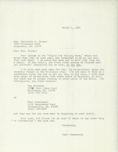 Letter from Judi Chamberlin to Charlotte H. Garmer