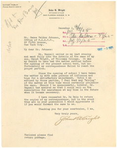 Letter from John. R. Wright to James Weldon Johnson