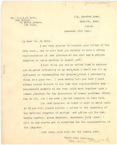 Letter from Casley Hayford to W. E. B. Du Bois