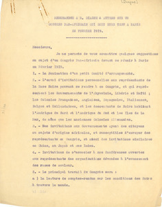 Memorandum from W. E. B. Du Bois a M. Diagne and autres sur un Congres Pan-African qui doit etre tenu a Paris en Fevrier 1919