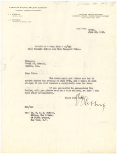 Letter from Canadian Pacific Railway Company to Hotel St. Ursule