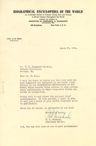 Letter from Biographical Encyclopedia of the World to W. E. B. Du Bois