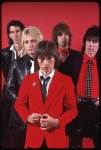 The Cars, photo shoot for Candy-O: (from left) Ric Ocasek, Benjamin Orr, Greg Hawkes, Elliot Easton, and David Robinson