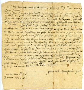 Samuel Comstock petition to the meeting at Thomas Smith's