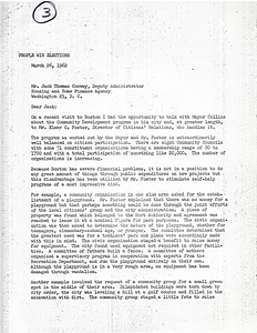 Letter from National Committeeman (Michigan) Neil Staebler to Deputy Administrator of Housing and Home Finance Agency Jack Thomas concerning community organizations in Boston