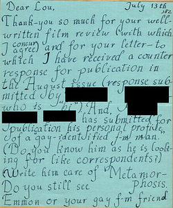 Correspondence from Rupert Raj to Lou Sullivan (July 13, 1982)