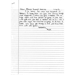 Letter from a student at Canyon Hills Junior High School sent to the City of Boston after the 2013 Boston Marathon bombings (California)