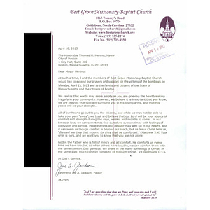 Letter to the city of Boston from the West Grove Missionary Baptist ...