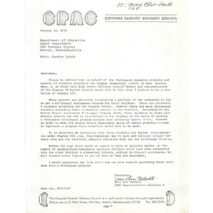Letter, Citywide Parents' Advisory Council to Department of Education, January 21, 1976.