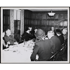 Harry M. Bliss (second from left), Overseer Forrester A. Clark (fourth from left), Executive Director of Boys' Club of Boston Arthur T. Burger (at head of table), and others attend a Tom Pappas Chefs' Club sponsored dinner party in Bunker Hill