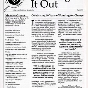 "Working It Out" newsletter distributed by Community Works, publicizing the activities of member groups, including the Chinese Progressive Association