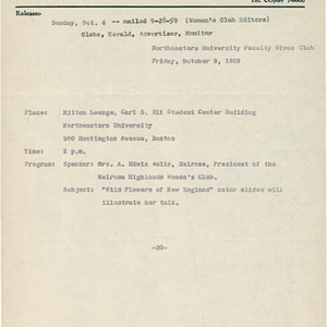 Northeastern University Press Releases, 1959-1960