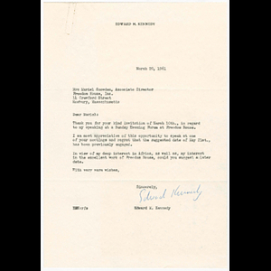 Letter from Edward Kennedy to Muriel Snowden about speaking at Freedom House