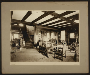 Interior view of reception area in Arts and Crafts style, view no. 1, Cambridge, Mass.