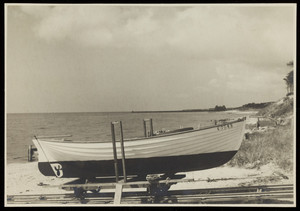 A side-view of a small, ship-lapped boat on the rails boat launch on a beach.