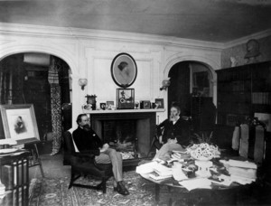 Portrait of James Russell Lowell (right) and Sir Leslie Stephen, seated in chairs in the library, Elmwood, James Russell Lowell House, Cambridge, Mass., July 1890