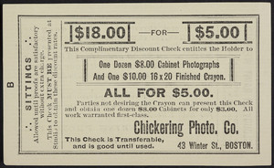 Discount coupons for the Chickering Photo. Co., 43 Winter Street, Boston, Mass., undated