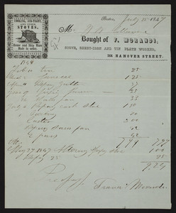 Billhead for F. Morandi, stove, sheet-iron and tin plate worker, 164 Hanover Street, Boston, Mass., dated July 25, 1849