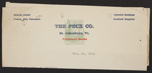 Letterhead forThe Peck Co., colonial roofings, builders' supplies, St. Johnsbury, Vermont, dated February 22, 1915