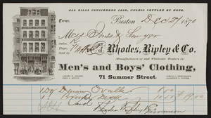 Billhead for Rhodes, Ripley & Co., men's and boys' clothing, 71 Summer Street, Boston, Mass., dated December 27, 1870