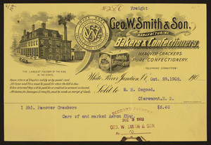 Billhead for Geo. W. Smith & Son, manufacturing bakers & confectioners, White River Junction, Vermont, dated Octotber 28, 1902
