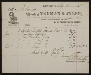Billhead for Truman & Tyler, rich and common furniture, No. 107 Westminster Street, Providence, Rhode Island, dated May 8, 1858