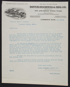 Letterhead for the Dover Stamping & Mfg. Co., manufacturers of tin and sheet steel ware, 385 Putnam Avenue, corner Pleasant Street, Cambridge, Mass., dated January 28, 1915
