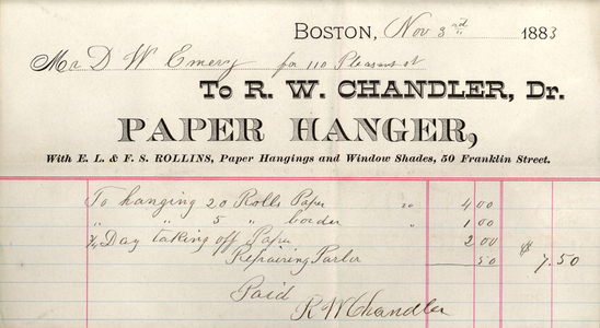 Billhead for R.W. Chandler, Dr., paper hanger, 50 Franklin Street, Boston, Mass., dated November 3, 1883