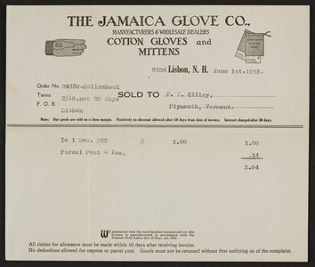 Trade card for The Jamaica Glove Co., cotton gloves and mittens, Lisbon, New Hampshire, dated June 1, 1925