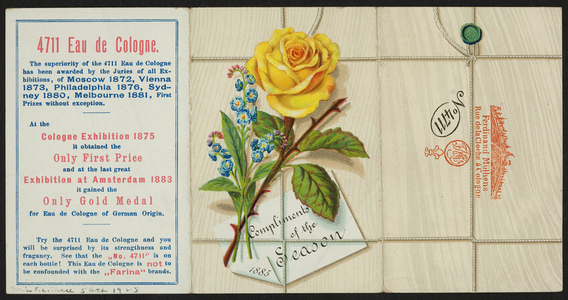 Trade card for the 4711 Eau de Cologne, Ferdinand Mülhens, Rue de la Cloche, Cologne, Germany, 1885