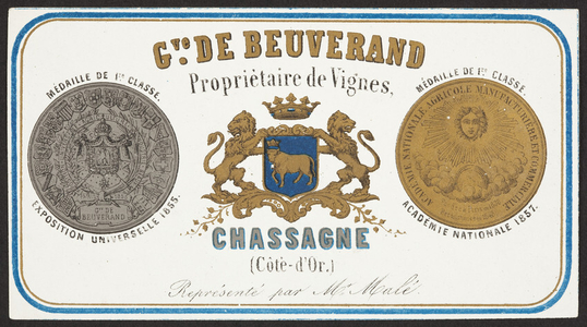 Trade card for Chassagne Côté-d'Or, wine, Gve. de Beuverand, location unknown, undated