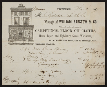Billhead for William Barstow & Co., carpetings, floor oil cloths, house paper, and upholstery goods warehouse, No. 91 Westminister Street and 30 Exchange Place, Providence, Rhode Island, dated August 10, 1857