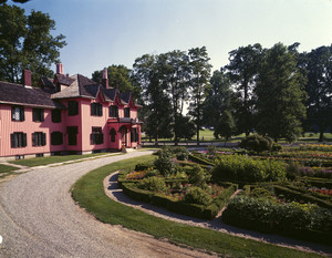 View of south side with garden in summer, Roseland Cottage, Woodstock, Conn.