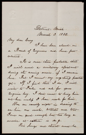 General Godfrey Weitzel to Thomas Lincoln Casey, March 3, 1882