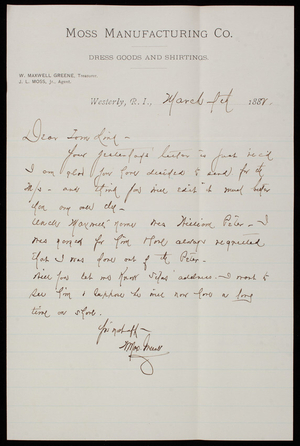 W. Maxwell Greene to Thomas Lincoln Casey, March 7, 1882