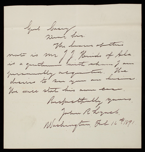 John R. Lynch to Thomas Lincoln Casey, February 16, 1891